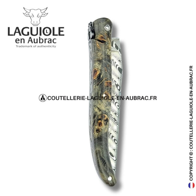 tissage d’ombres : couteau laguiole en loupe de peuplier noircie lame damas inox