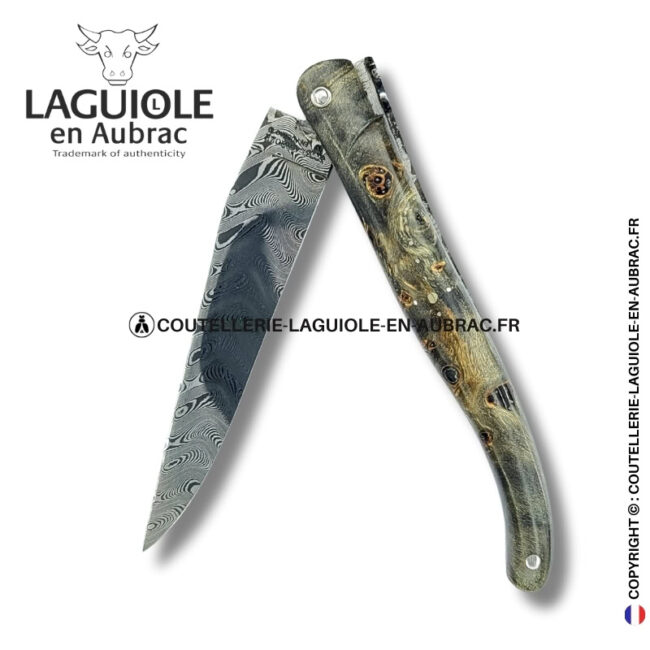 tissage d’ombres : couteau laguiole en loupe de peuplier noircie lame damas inox
