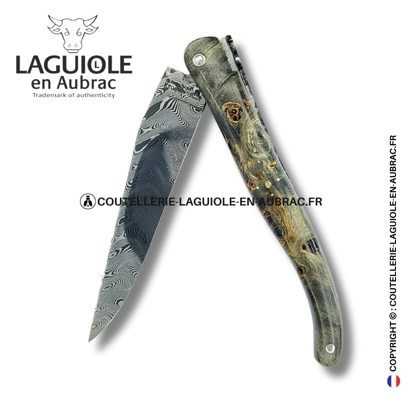 tissage d’ombres : couteau laguiole en loupe de peuplier noircie lame damas inox