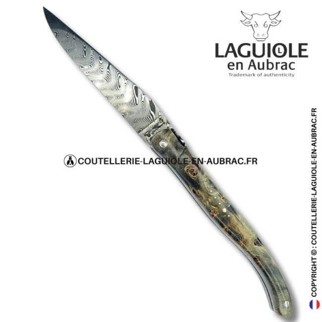 tissage d’ombres : couteau laguiole en loupe de peuplier noircie lame damas inox