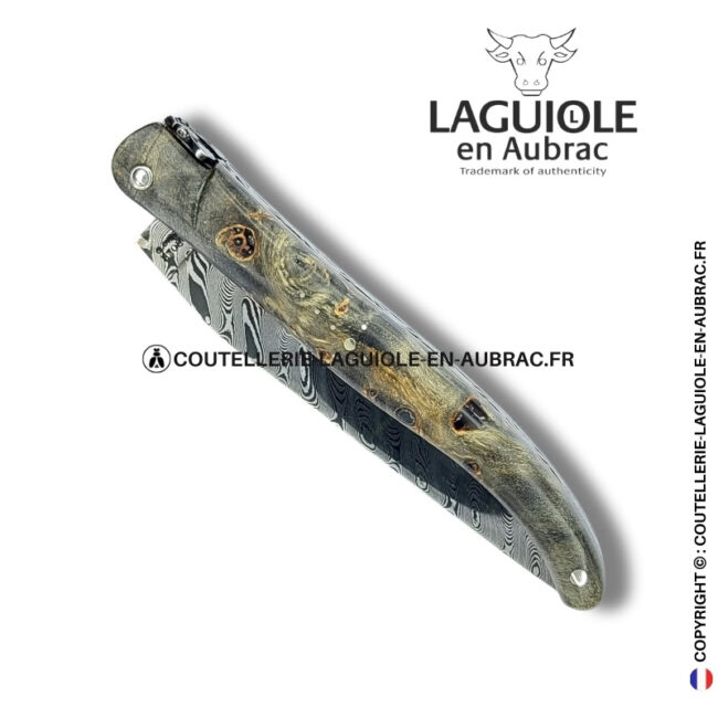 tissage d’ombres : couteau laguiole en loupe de peuplier noircie lame damas inox
