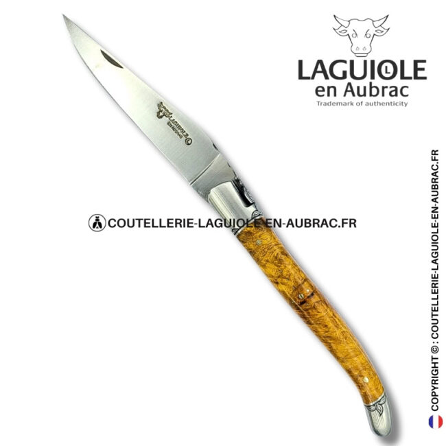 Étreinte végétale : couteau laguiole en loupe d'amboine dorée – abeille sculptée – mitres et ressort gravés