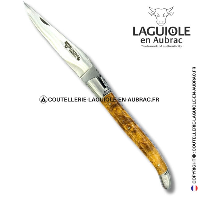 lumière d’amboine : couteau laguiole en loupe d'amboine dorée – abeille sculptée – mitres et ressort gravés