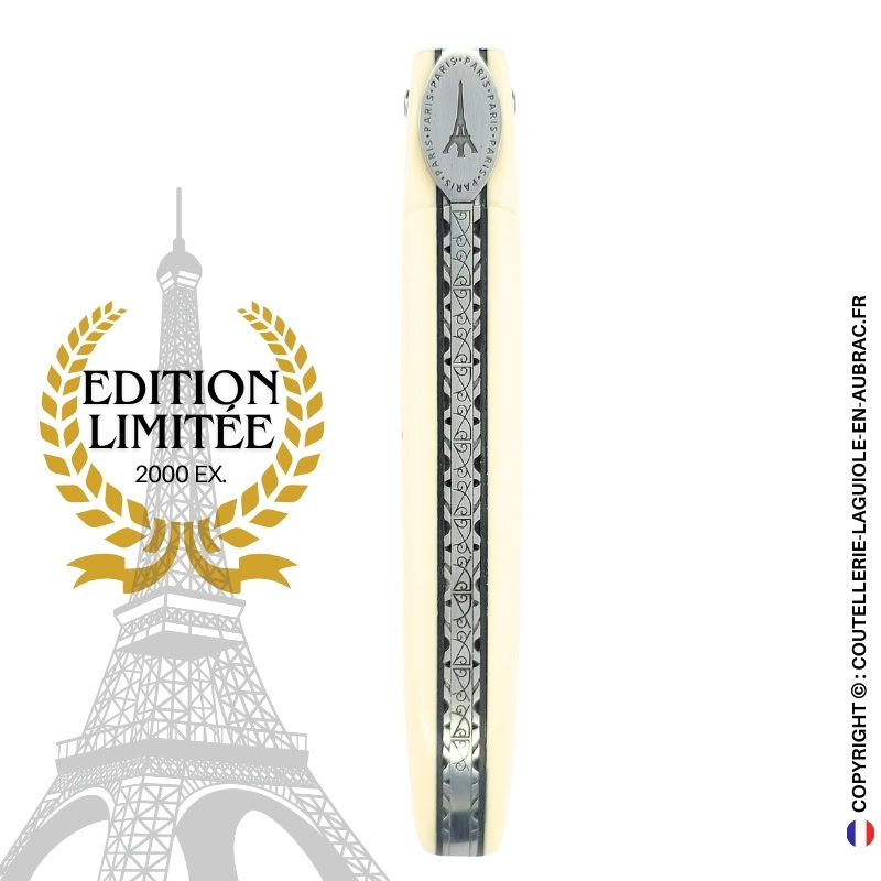 origine tour eiffel : couteau laguiole plein manche en elforyn blanc