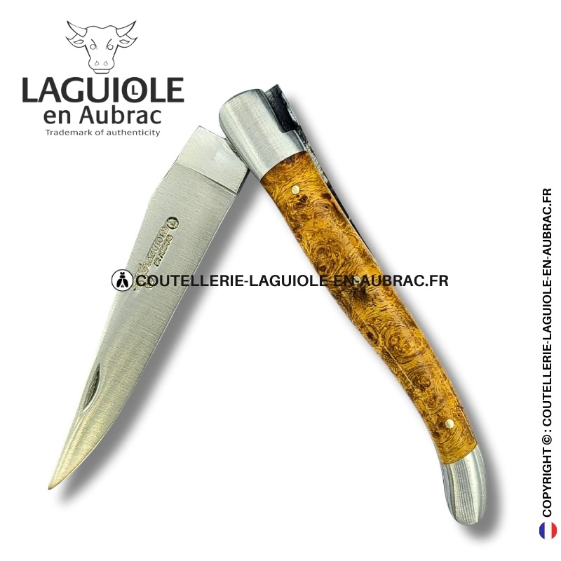 parure de dentelles : couteau laguiole en loupe d'amboine dorée