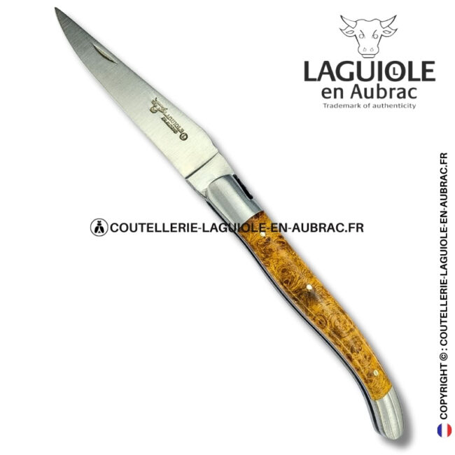 parure de dentelles : couteau laguiole en loupe d'amboine dorée