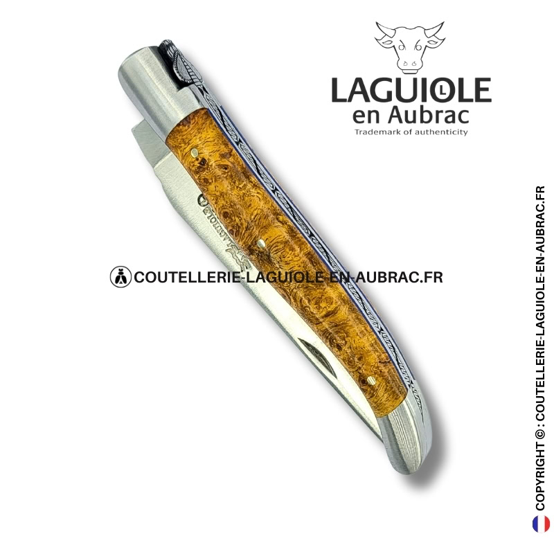 parure de dentelles : couteau laguiole en loupe d'amboine dorée