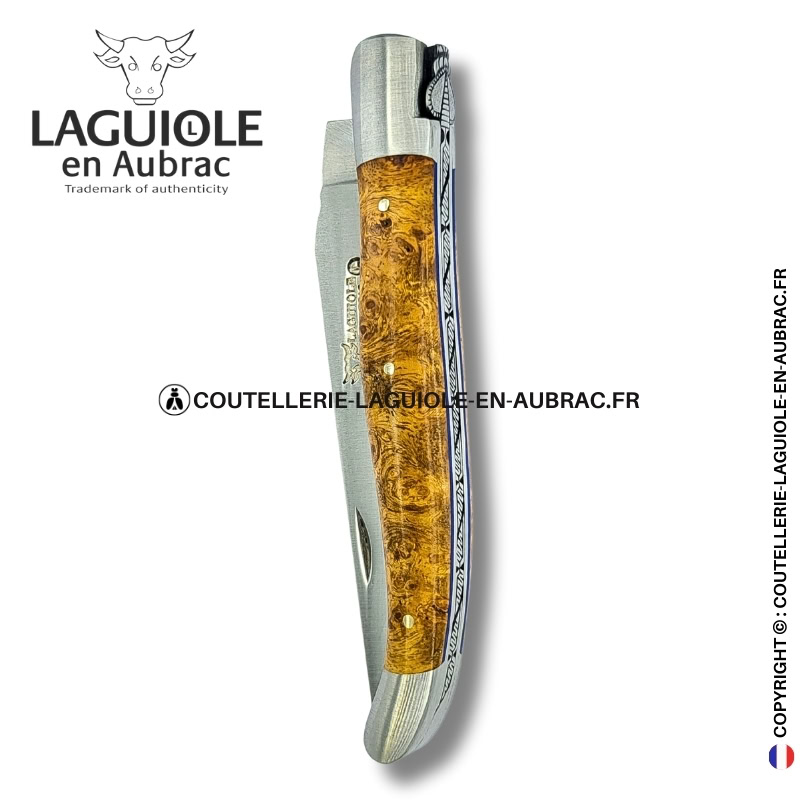 parure de dentelles : couteau laguiole en loupe d'amboine dorée