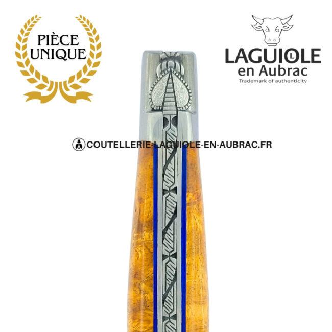 parure de dentelles : couteau laguiole en loupe d'amboine dorée