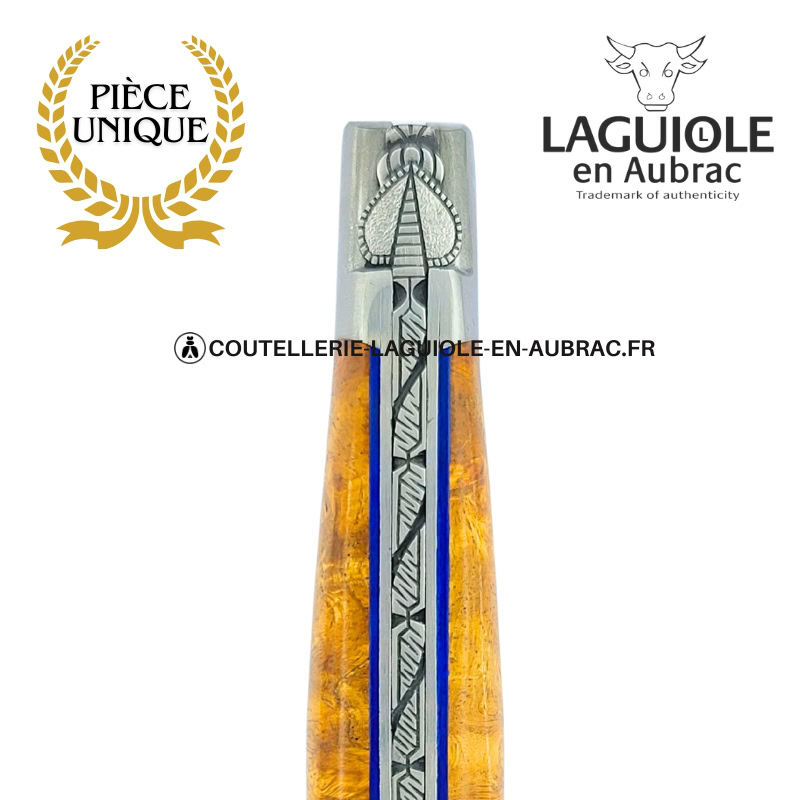 parure de dentelles : couteau laguiole en loupe d'amboine dorée