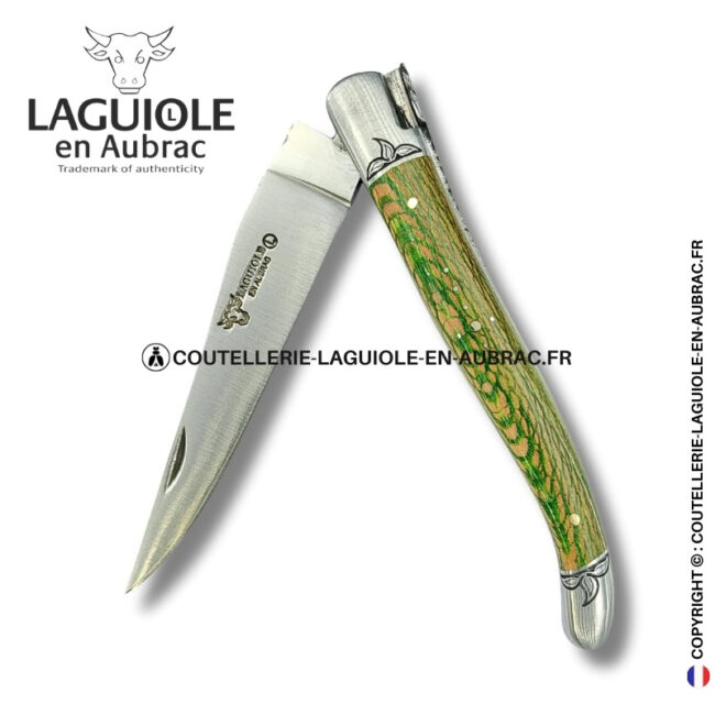 reine végétale : couteau laguiole en platane vert et beige – abeille sculptée – mitres et ressort gravés