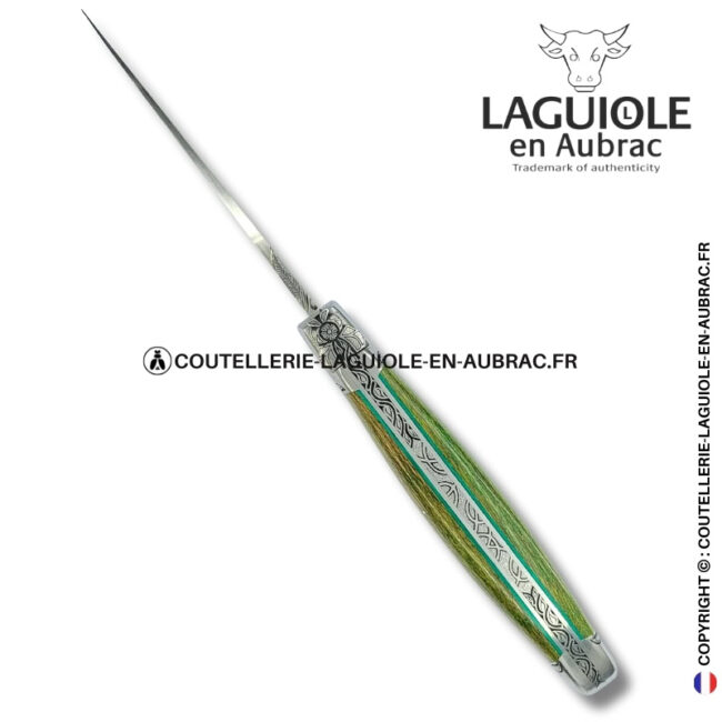 reine végétale : couteau laguiole en platane vert et beige – abeille sculptée – mitres et ressort gravés