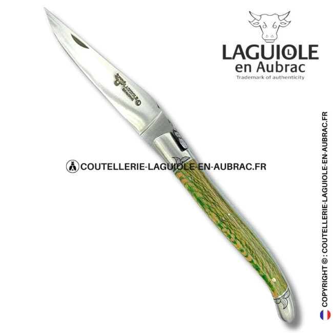 reine végétale : couteau laguiole en platane vert et beige – abeille sculptée – mitres et ressort gravés