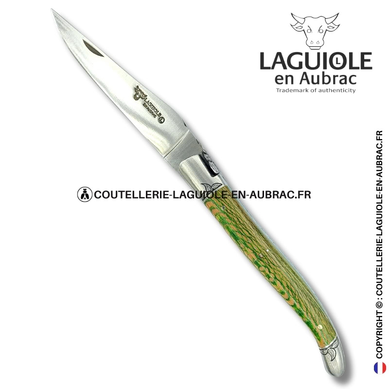 reine végétale : couteau laguiole en platane vert et beige – abeille sculptée – mitres et ressort gravés