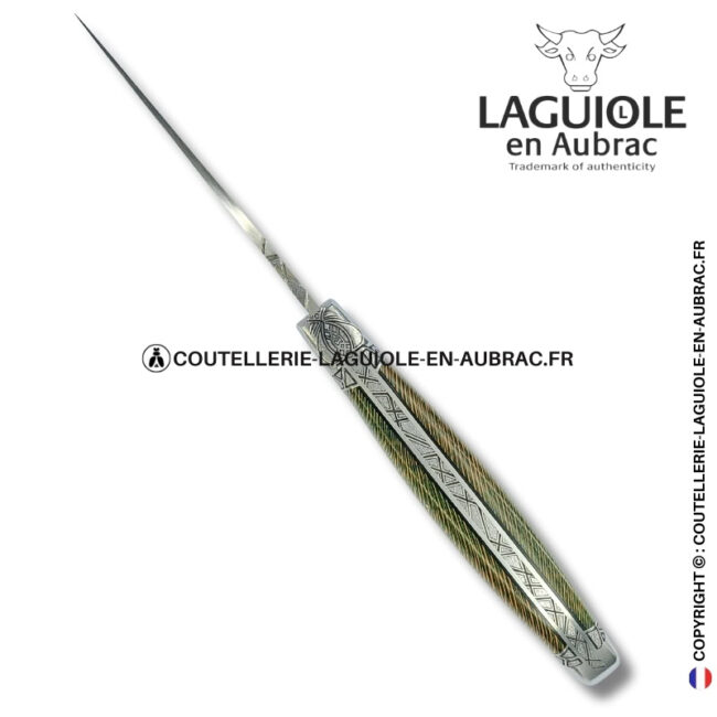 reine zébrée d’elfées : couteau laguiole en platane vert et marron – abeille sculptée – mitres et ressort gravés