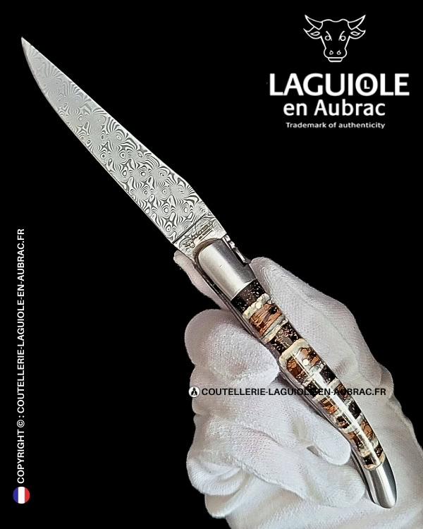 couteau laguiole doubles platines en molaire de mammouth marron – lame damas balbach inox