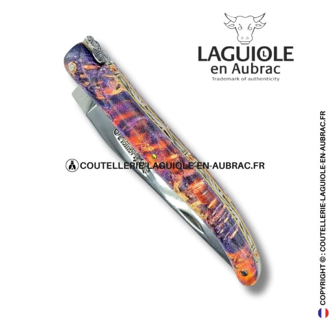 parure du phénix : couteau laguiole en loupe de sureau insert pierre – plein manche