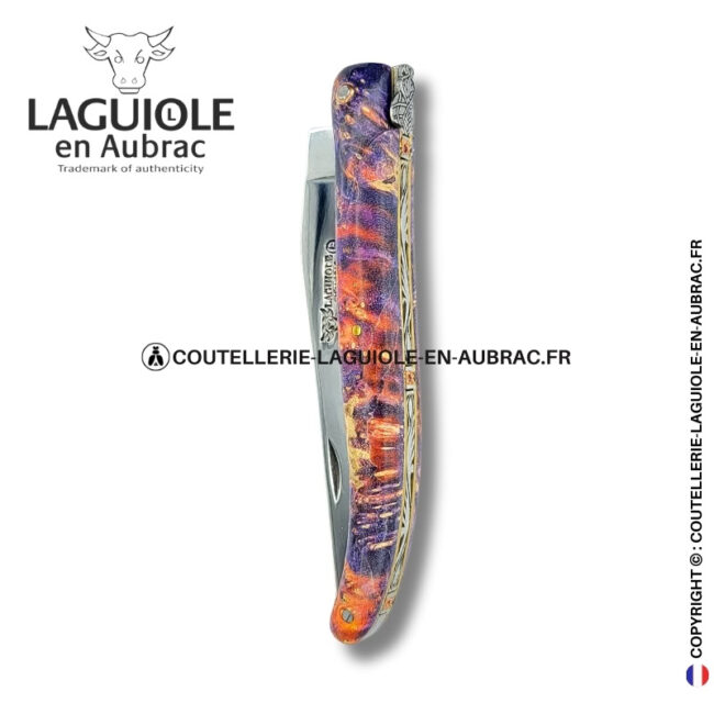 parure du phénix : couteau laguiole en loupe de sureau insert pierre – plein manche