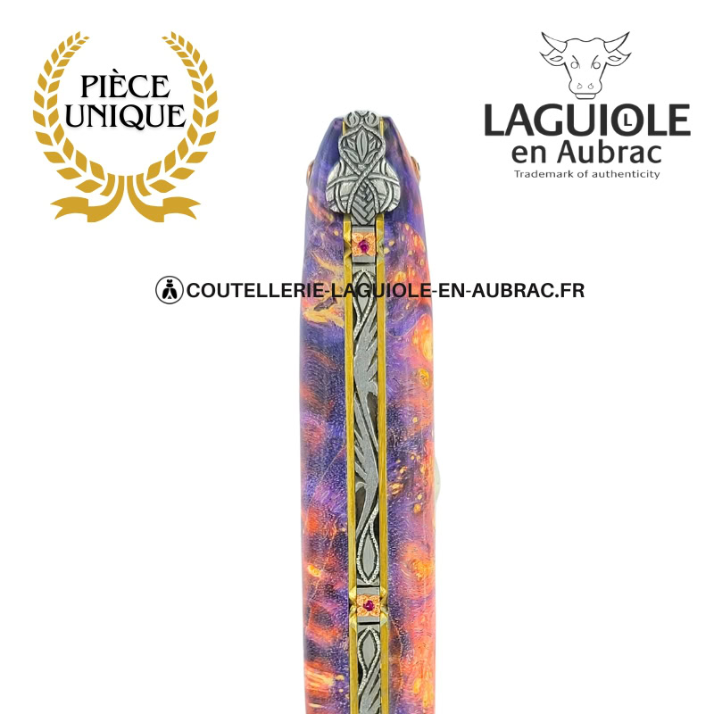 parure du phénix : couteau laguiole en loupe de sureau insert pierre – plein manche