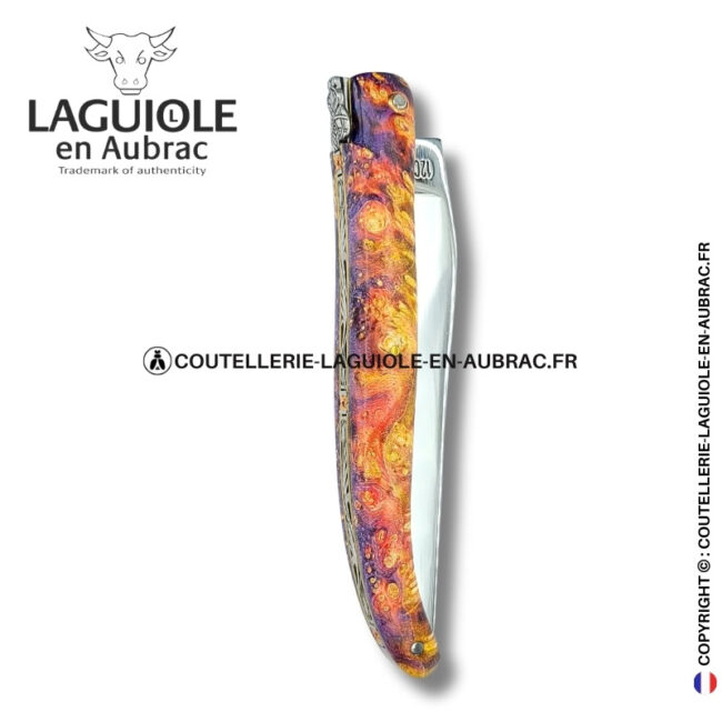 parure du phénix : couteau laguiole en loupe de sureau insert pierre – plein manche