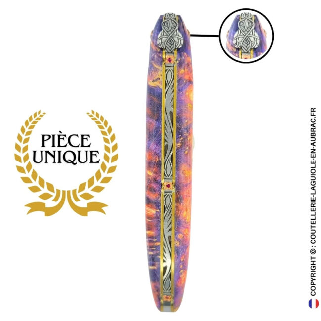 parure du phénix : couteau laguiole en loupe de sureau insert pierre – plein manche