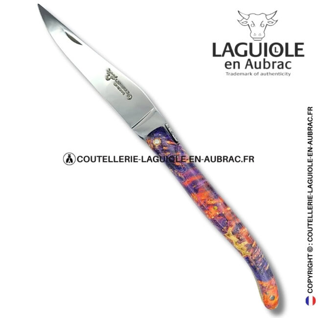 parure du phénix : couteau laguiole en loupe de sureau insert pierre – plein manche