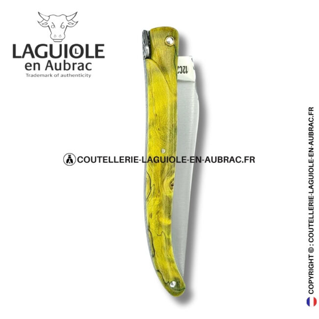 prêtresse d’Émeraude : couteau laguiole en loupe de peuplier vert – plein manche