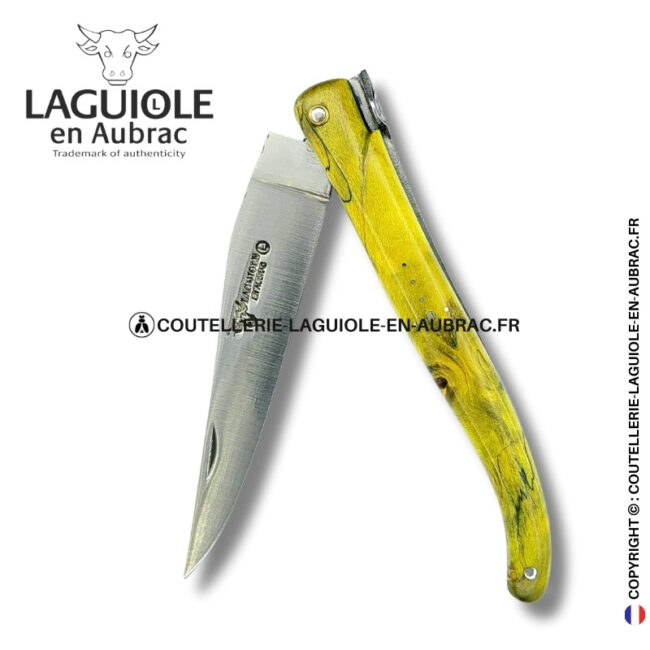 prêtresse d’Émeraude : couteau laguiole en loupe de peuplier vert – plein manche