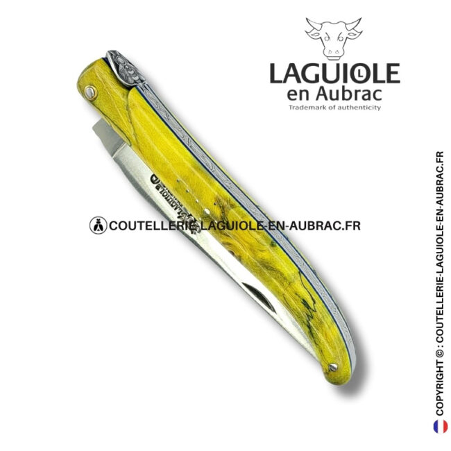 prêtresse d’Émeraude : couteau laguiole en loupe de peuplier vert – plein manche