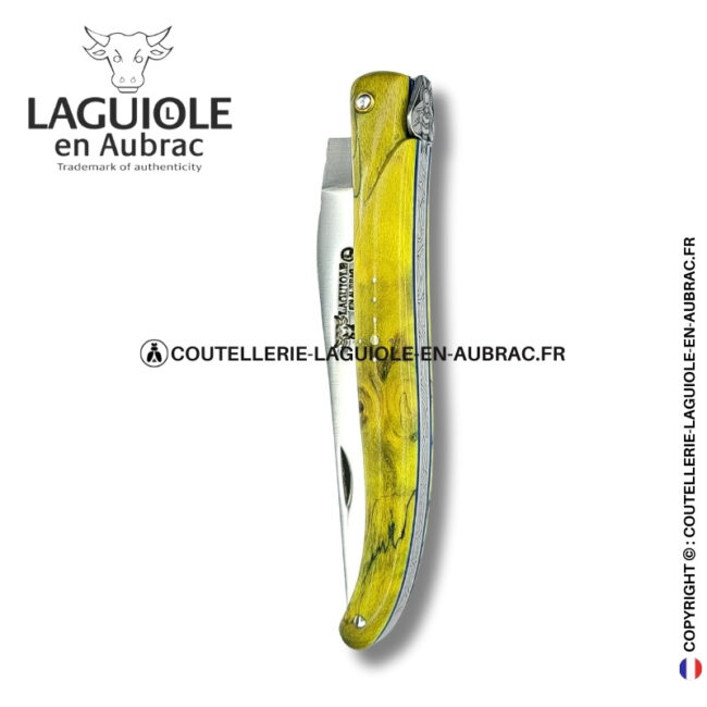 prêtresse d’Émeraude : couteau laguiole en loupe de peuplier vert – plein manche