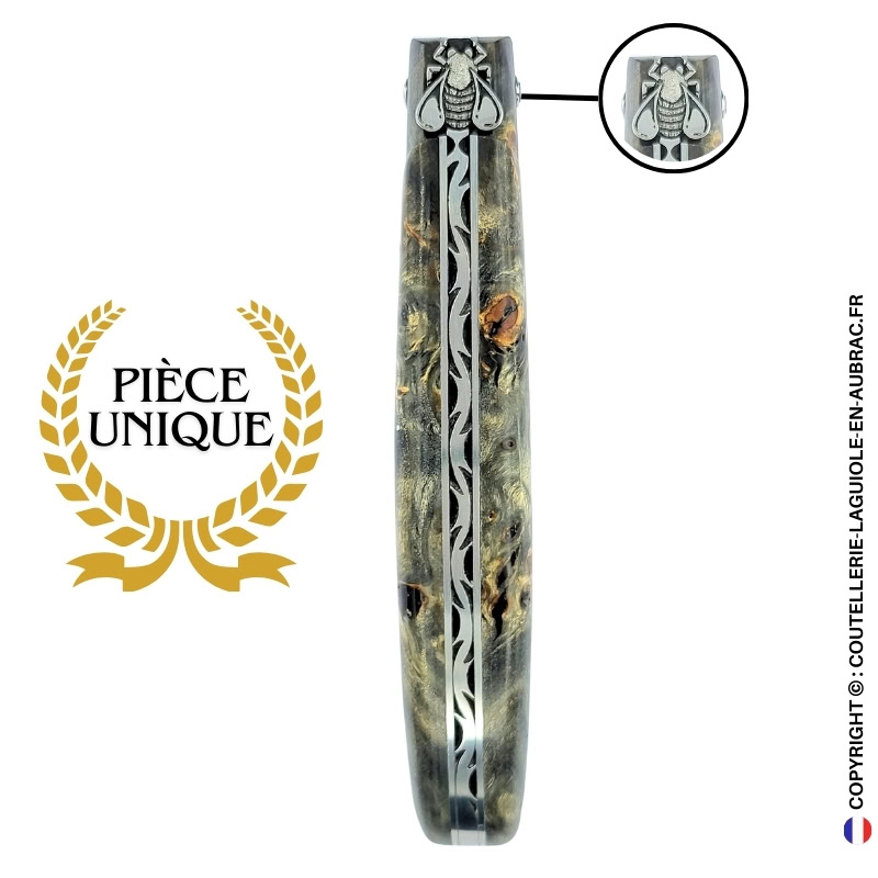 tissage d’ombres : couteau laguiole en loupe de peuplier noircie lame damas inox