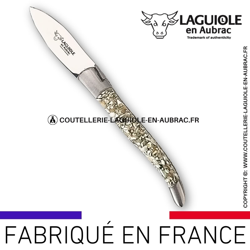 couteau à huître laguiole en aubrac en coquilles de turbo vert