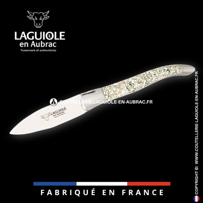 couteau à huître laguiole en aubrac en coquilles de turbo vert