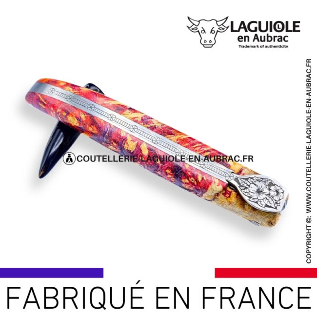 couteau laguiole en aubrac "hibiscus" collection jardin secret en loupe de sureau