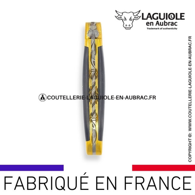 couteau laguiole en aubrac pliant abeille prestige aux doubles platines en Ébène et mitres laiton