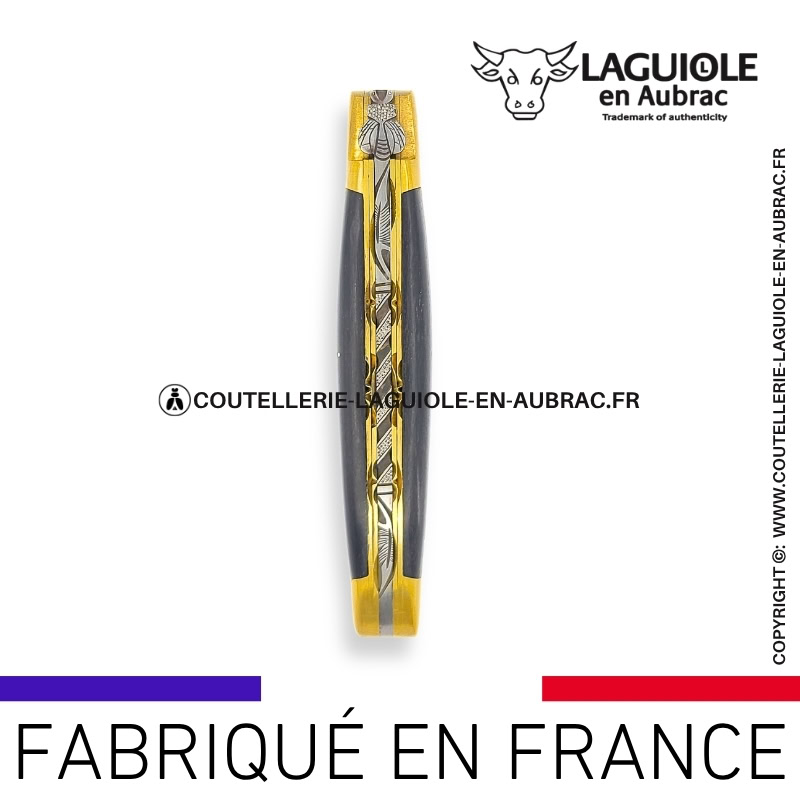 couteau laguiole en aubrac pliant abeille prestige aux doubles platines en Ébène et mitres laiton