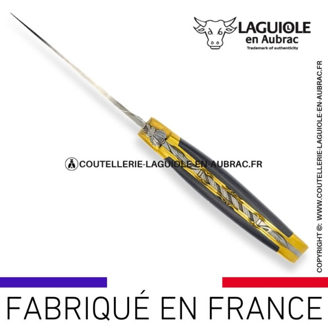 couteau laguiole en aubrac pliant abeille prestige aux doubles platines en Ébène et mitres laiton