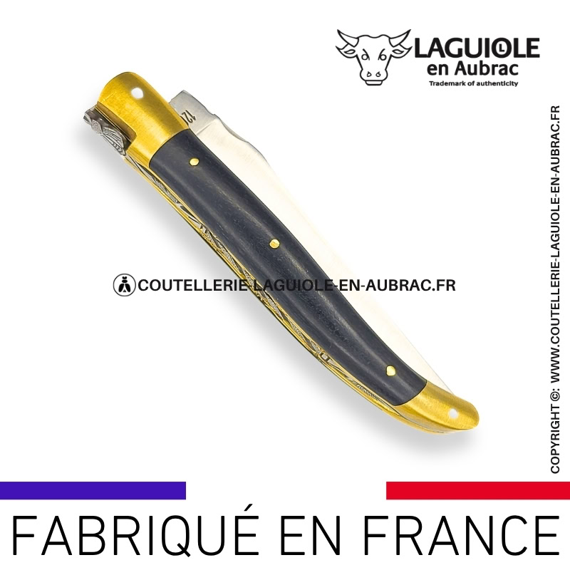 couteau laguiole en aubrac pliant abeille prestige aux doubles platines en Ébène et mitres laiton