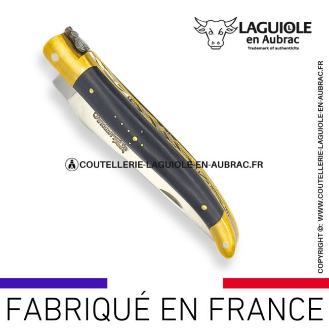 couteau laguiole en aubrac pliant abeille prestige aux doubles platines en Ébène et mitres laiton