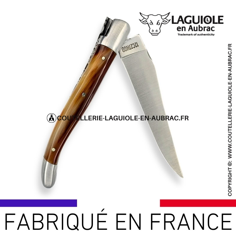 couteau laguiole en aubrac pliant abeille prestige aux doubles platines en pointe de corne et finition satinée