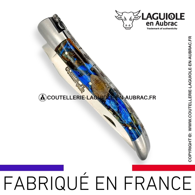 couteau laguiole en aubrac pliant aux doubles platines "fusion ivoire bleu" finition brillante