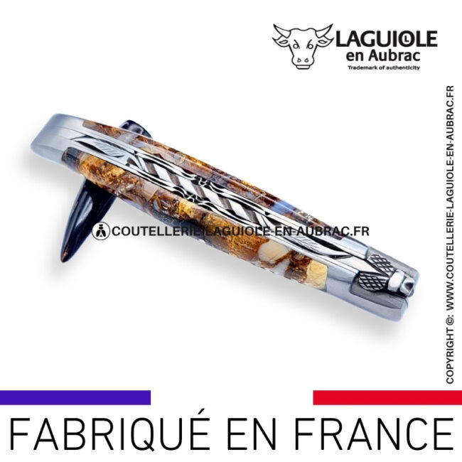 couteau laguiole en aubrac pliant aux doubles platines "fusion ivoire gris" finition brillante