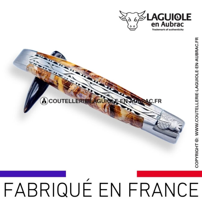 couteau laguiole en aubrac pliant aux doubles platines "fusion ivoire nature" finition satinée