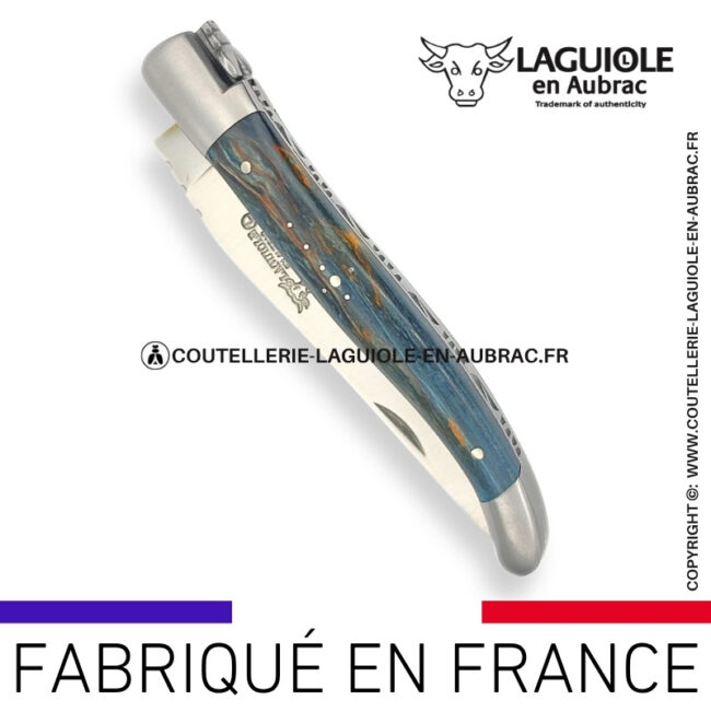 couteau laguiole en aubrac pliant en bouleau bleu et finition satinée