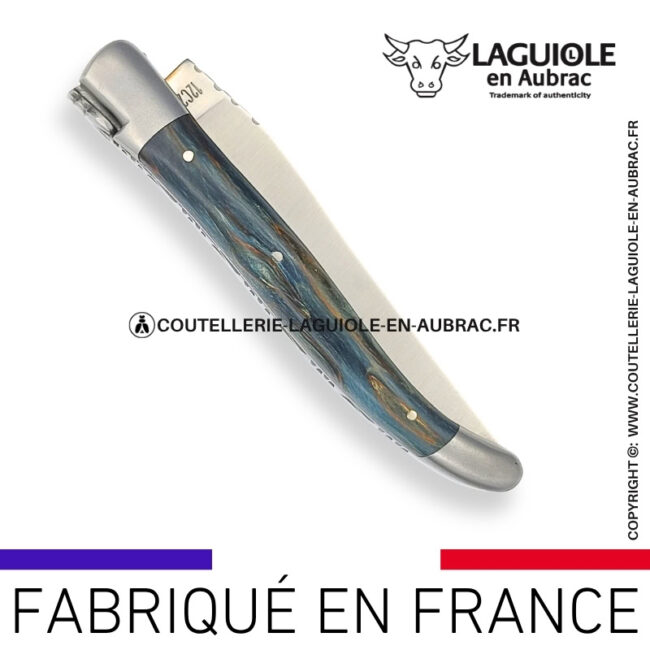 couteau laguiole en aubrac pliant en bouleau bleu et finition satinée
