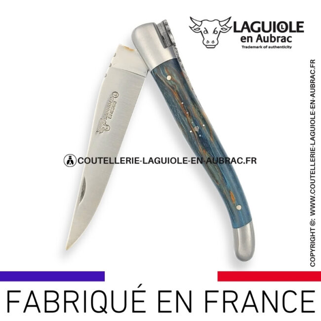 couteau laguiole en aubrac pliant en bouleau bleu et finition satinée