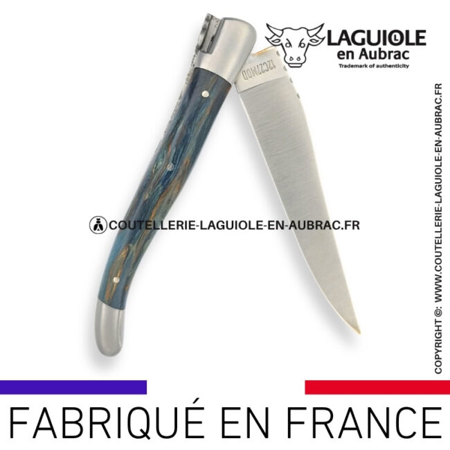 couteau laguiole en aubrac pliant en bouleau bleu et finition satinée