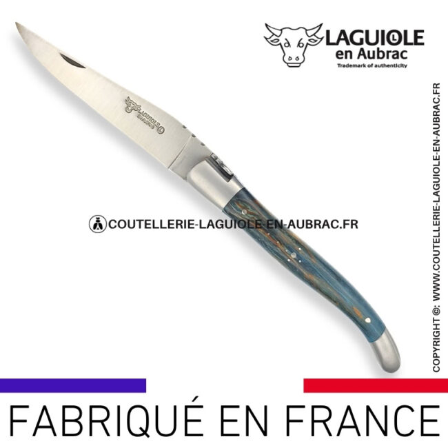 couteau laguiole en aubrac pliant en bouleau bleu et finition satinée