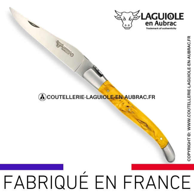 couteau laguiole en aubrac pliant en bouleau jaune et finition satinée