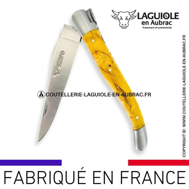 couteau laguiole en aubrac pliant en bouleau jaune et finition satinée